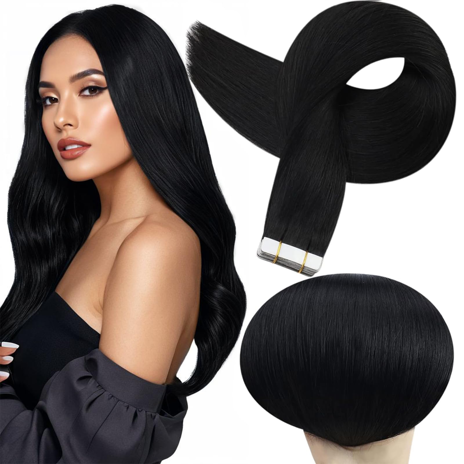 Full Shine tape-in extensions in jet black blend seamlessly with natural hair