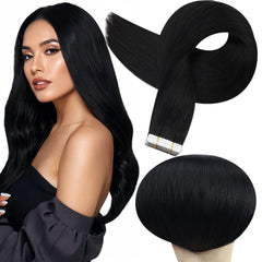 Full Shine tape-in extensions in jet black blend seamlessly with natural hair