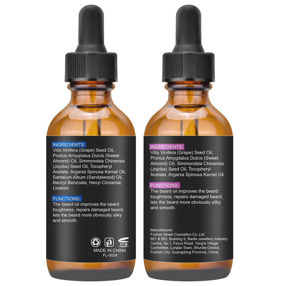 FULLLIGHT TECH beard oil bottle label emphasizes care and ingredients