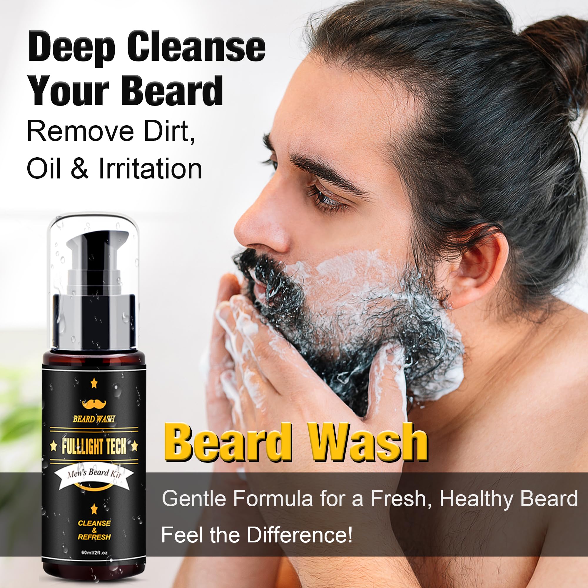 FULLLIGHT TECH beard wash bottle delivers beard-specific cleansing without stripping oils.