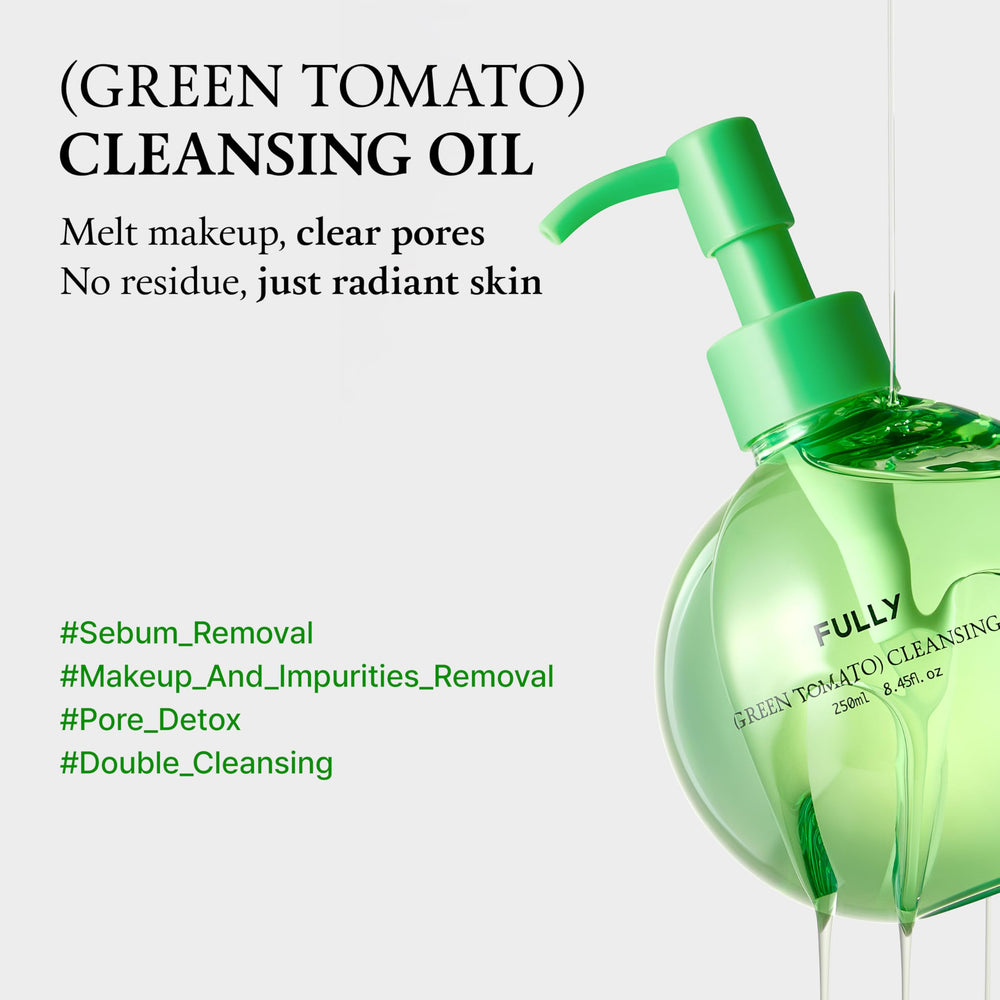 FULLY Green Tomato Cleansing Oil label close-up highlights natural ingredients for sensitive skin