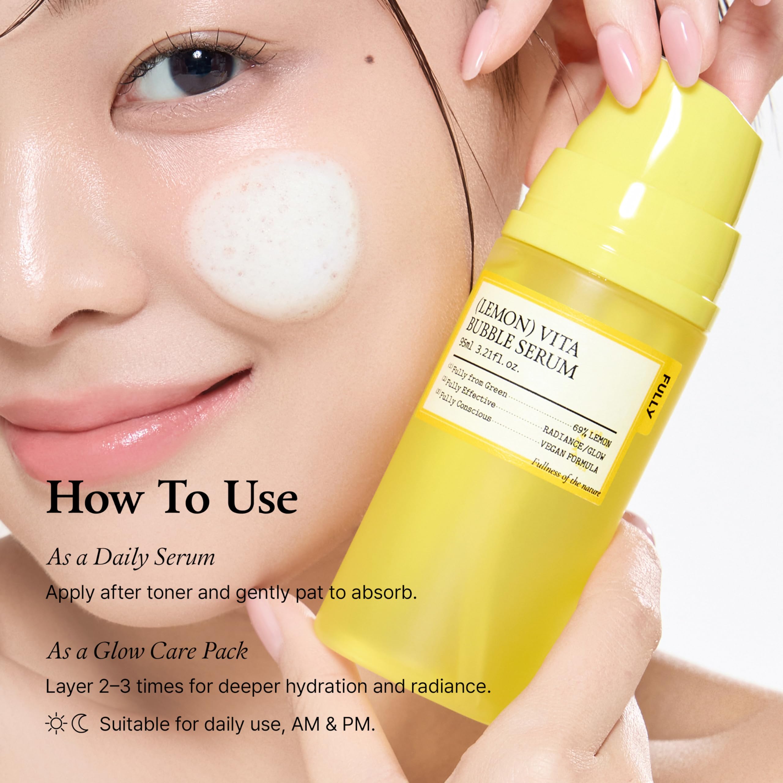 FULLY Lemon Vita Bubble Serum Niacinamide and Glutathione support even tone.