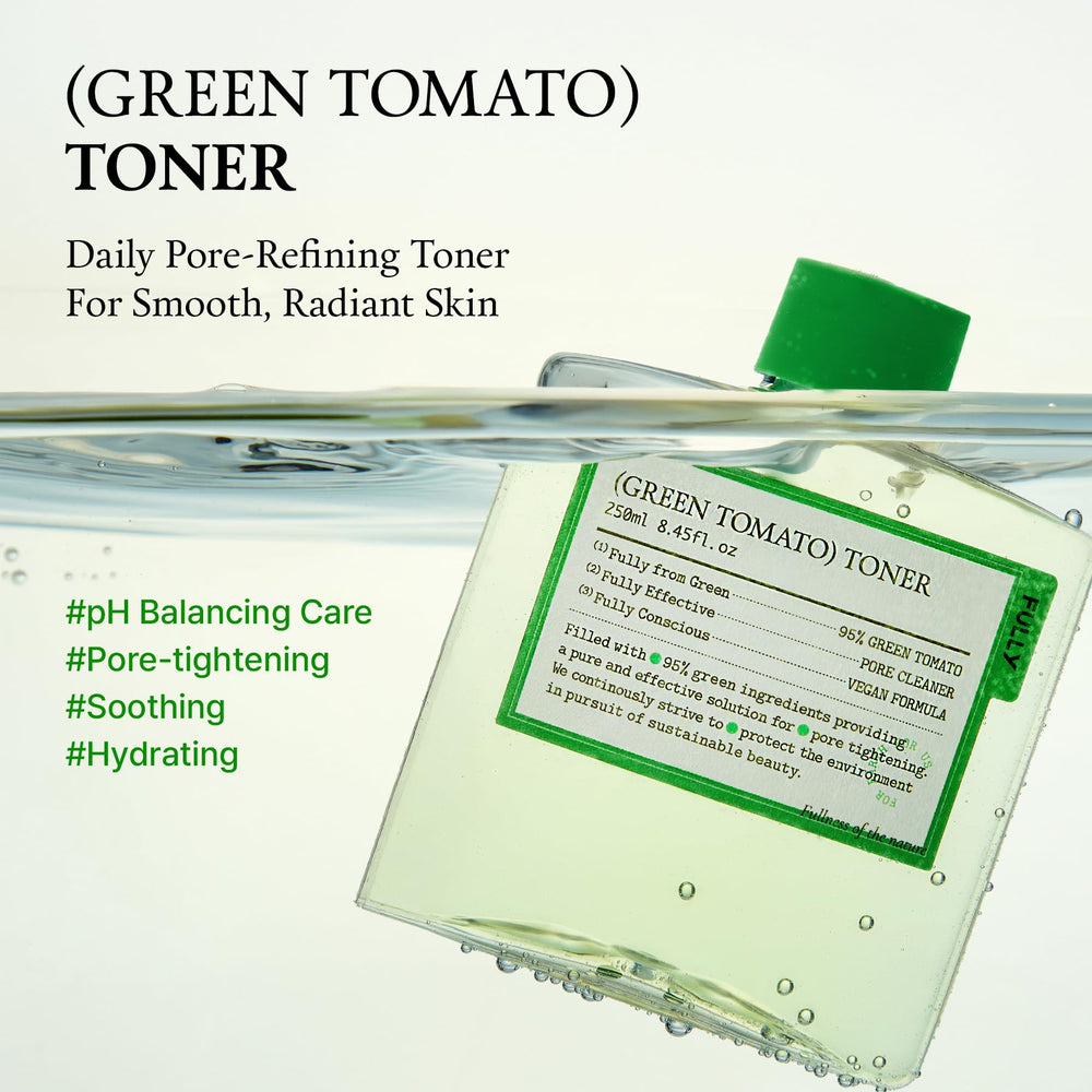 FULLY Tonique Tomate Verte, versement doux, prépare la peau pour la routine.