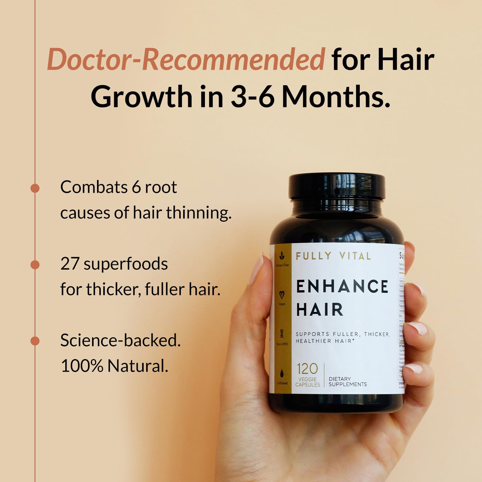 FullyVital vegan and gluten-free formula badge communicates clean ingredients.
