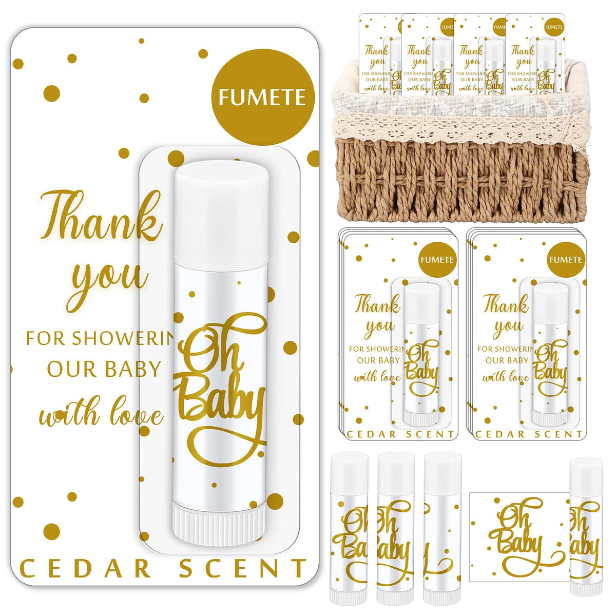Fumete baby shower lip balm packaging highlights a 24-piece set, perfect for easy party favors.