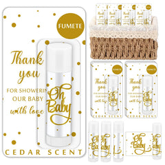 Fumete baby shower lip balm packaging highlights a 24-piece set, perfect for easy party favors.