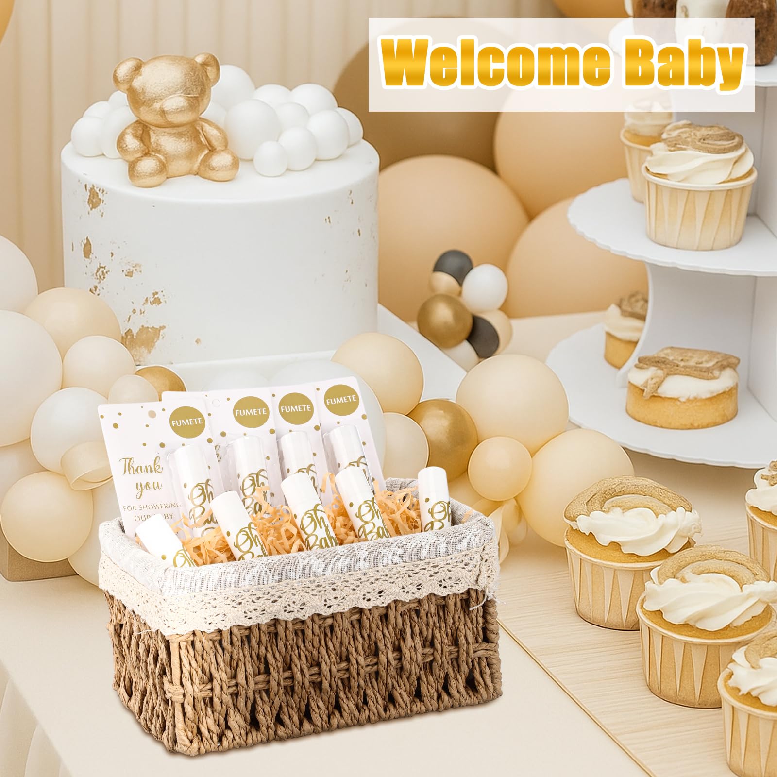 Fumete gold and black design adds classy accents to baby shower decor.