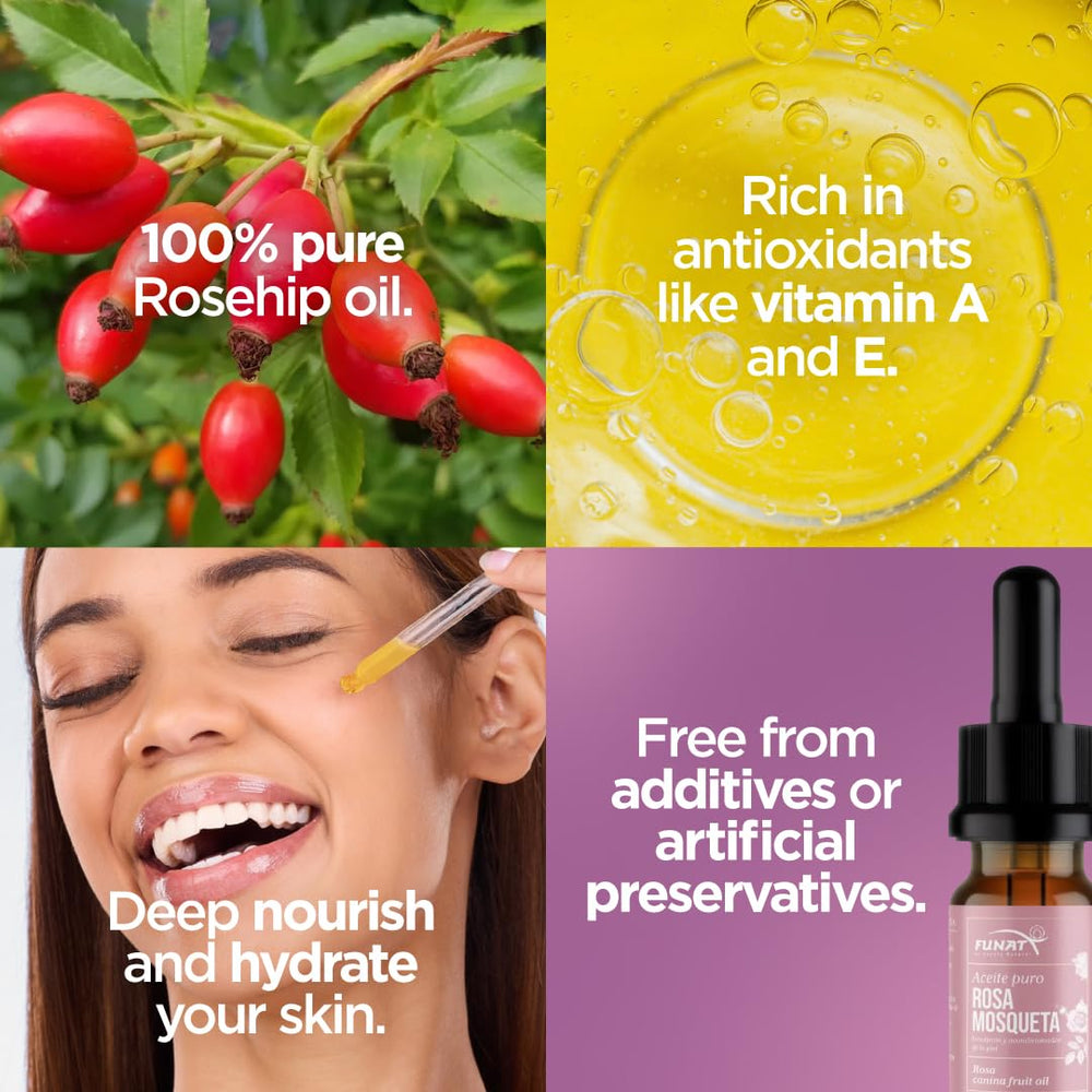 FUNAT rosehip oil closeup label highlights 100% pure Rosa Mosqueta origin.