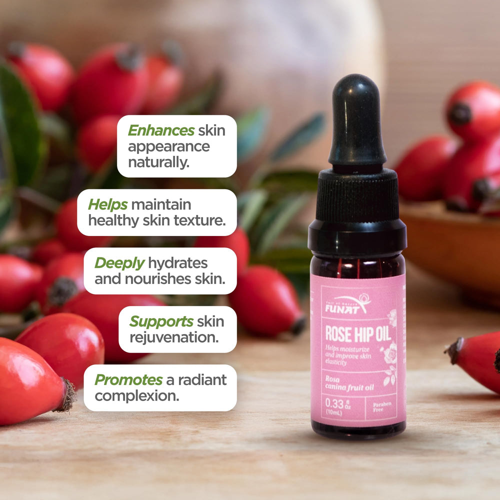 FUNAT rosehip oil dropper attached for easy, precise application on skin and hair.