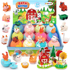FUNCREVITY bath bombs reveal a farm toy inside as they fizz.
