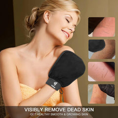 Fundrem Korean exfoliating mitt close-up shows textured surface for deeper exfoliation.