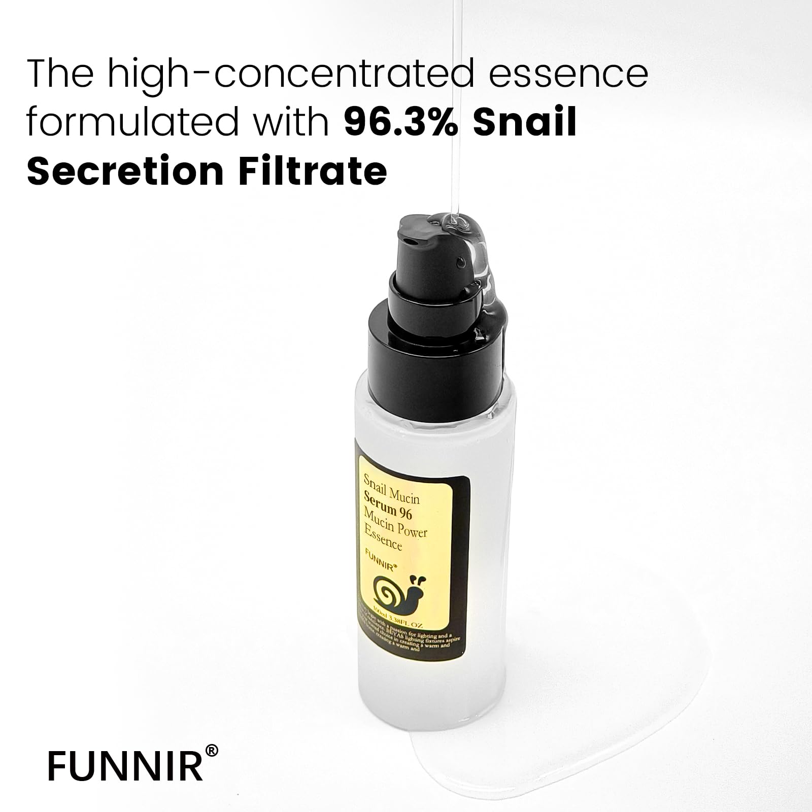 Applied on cheek, FUNNIR Snail Mucin Essence absorbs quickly for natural glow.
