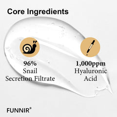 Silky close-up shows gentle non greasy texture of FUNNIR Snail Mucin Essence.