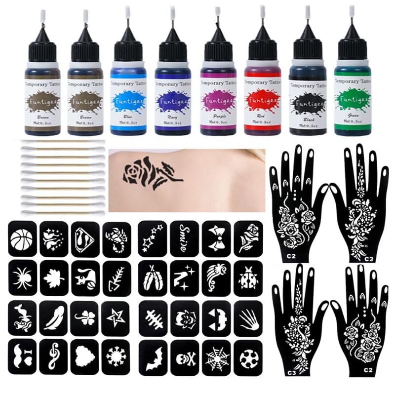 Funtigee ink bottles color palette for vivid temporary body art.