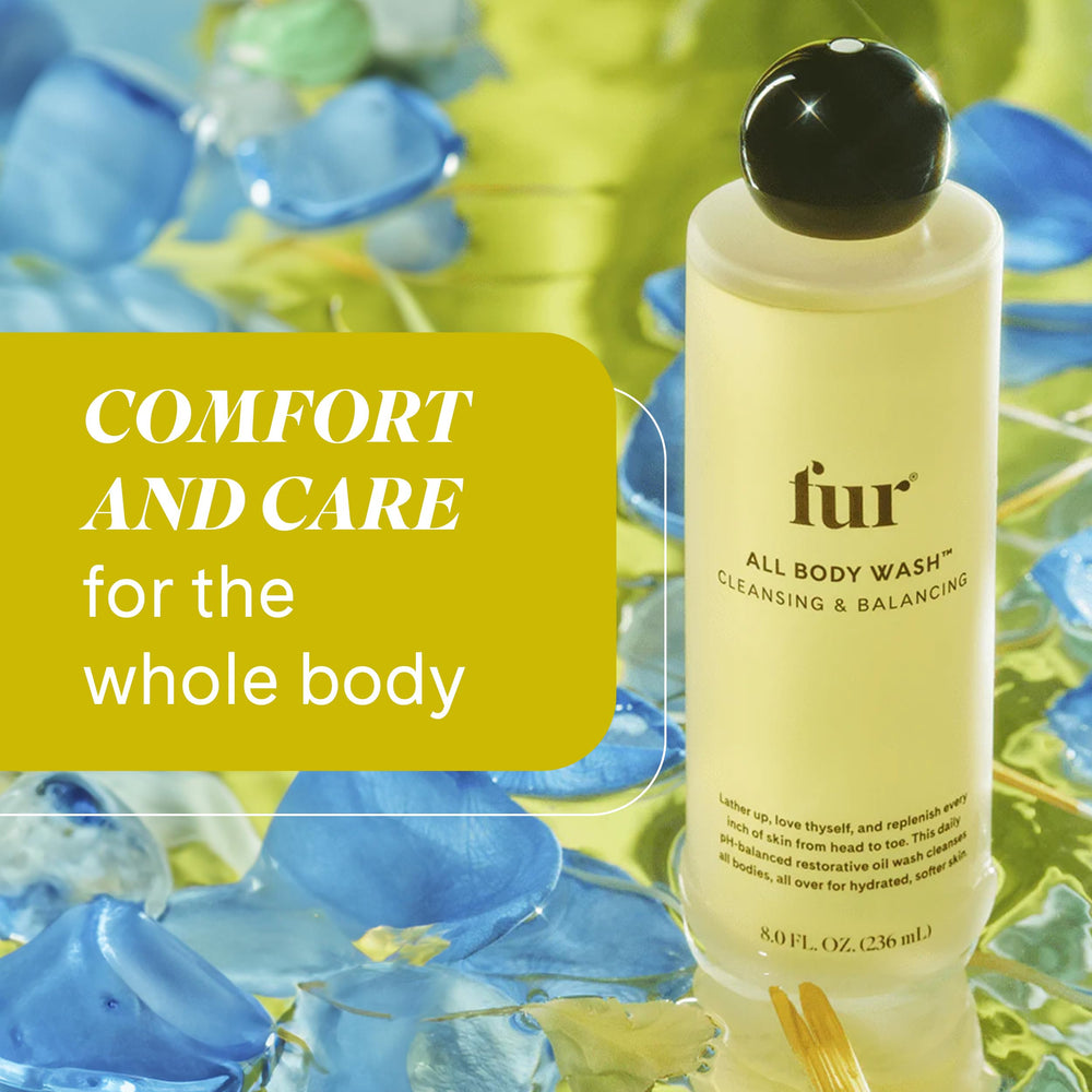 Fur All Body Wash in shower regimen image shows easy cleansing.