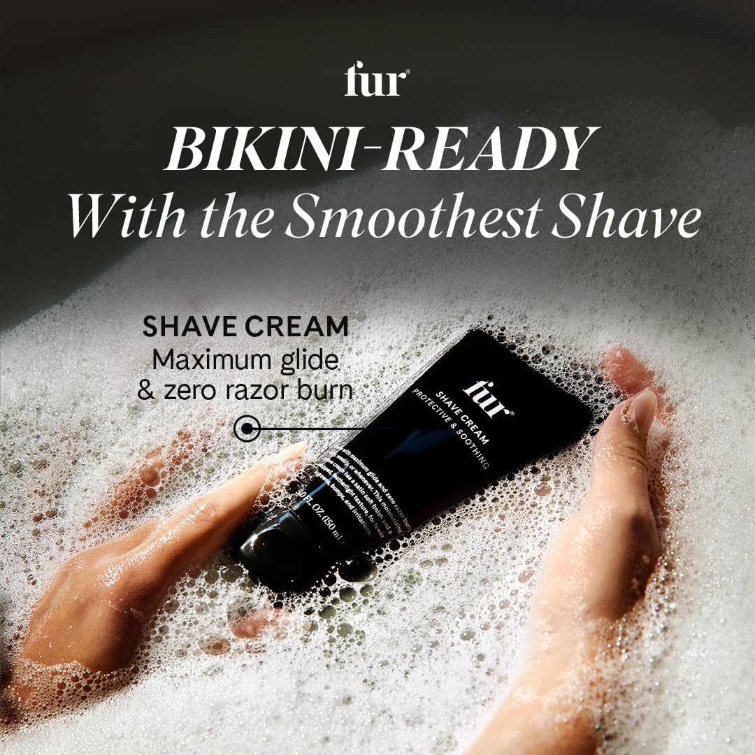 Fur Shave Cream packaging highlights vegan formula and suitability for sensitive areas