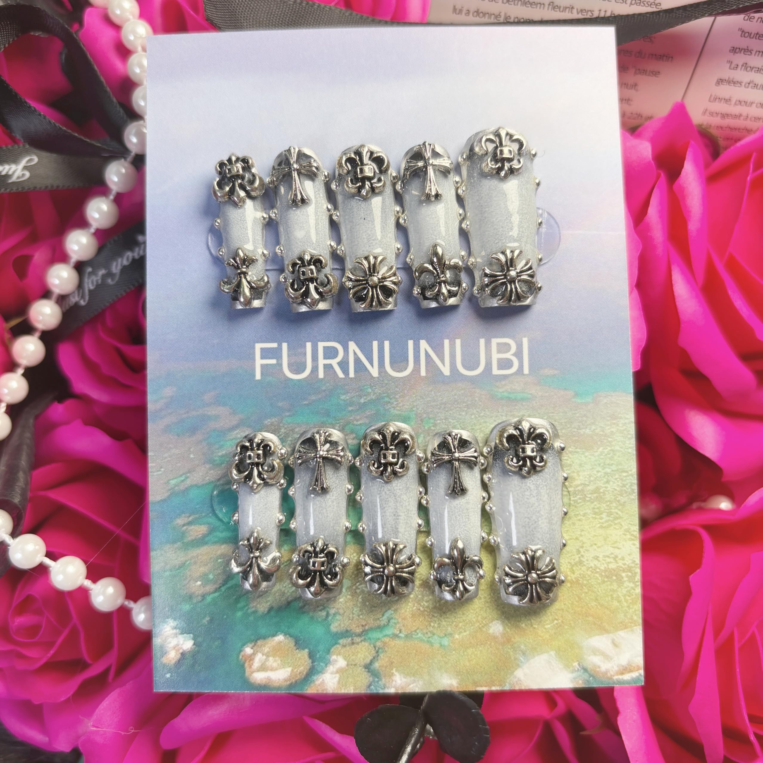 FURNUNUBI square press-ons feature denim blue finish and cross charms for striking party-ready nails.