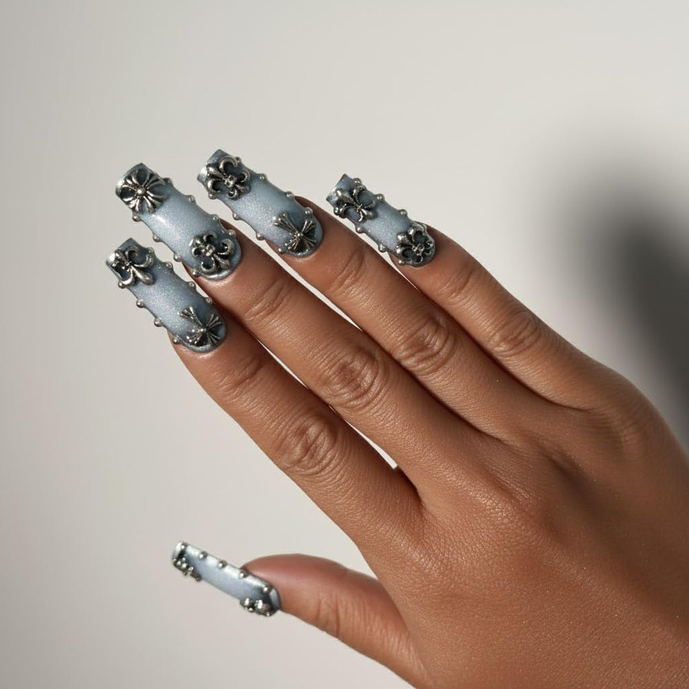 FURNUNUBI denim blue square nails with 3D cross design for glamorous wear