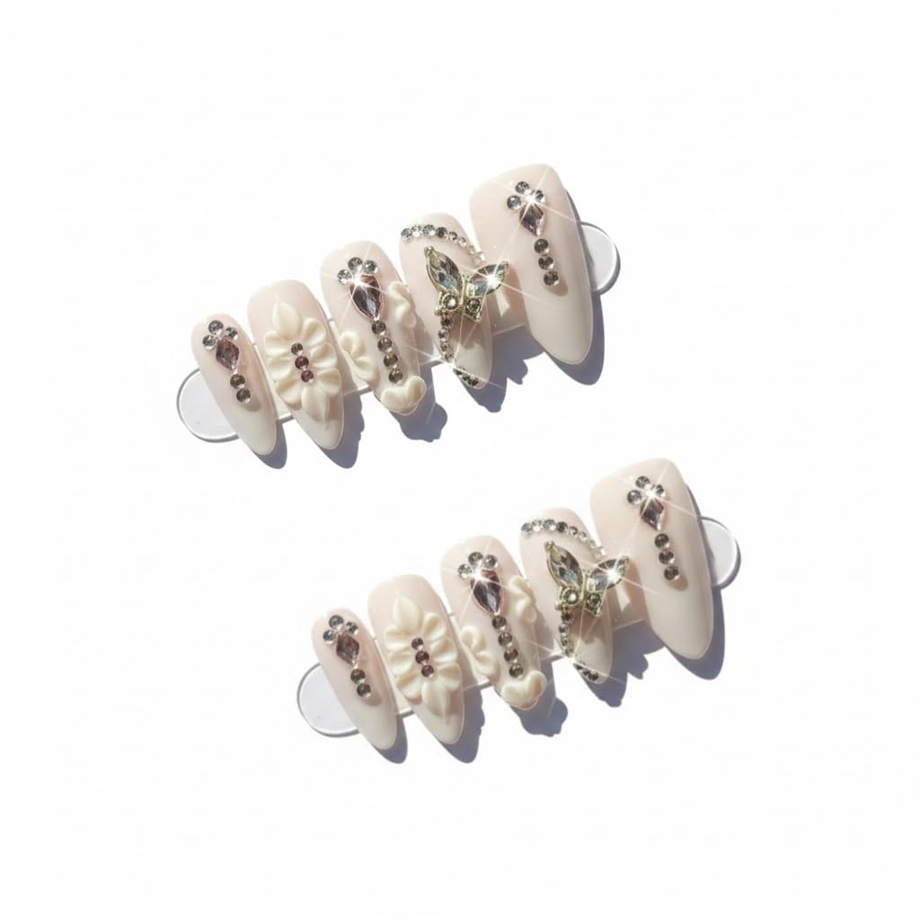 FURNUNUBI almond press-on nails with butterfly motif for chic handmade look.