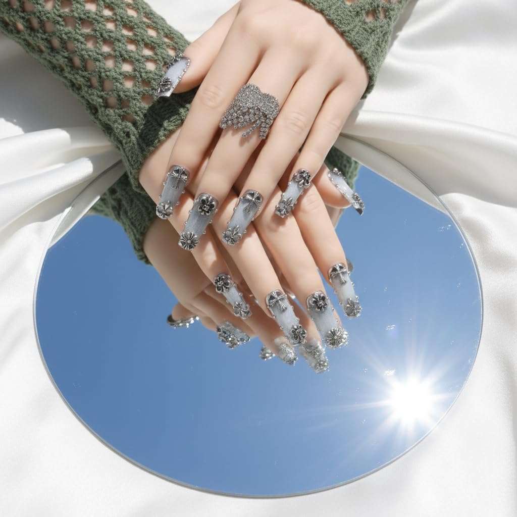 FURNUNUBI handmade press-on nails in denim blue, instant color.