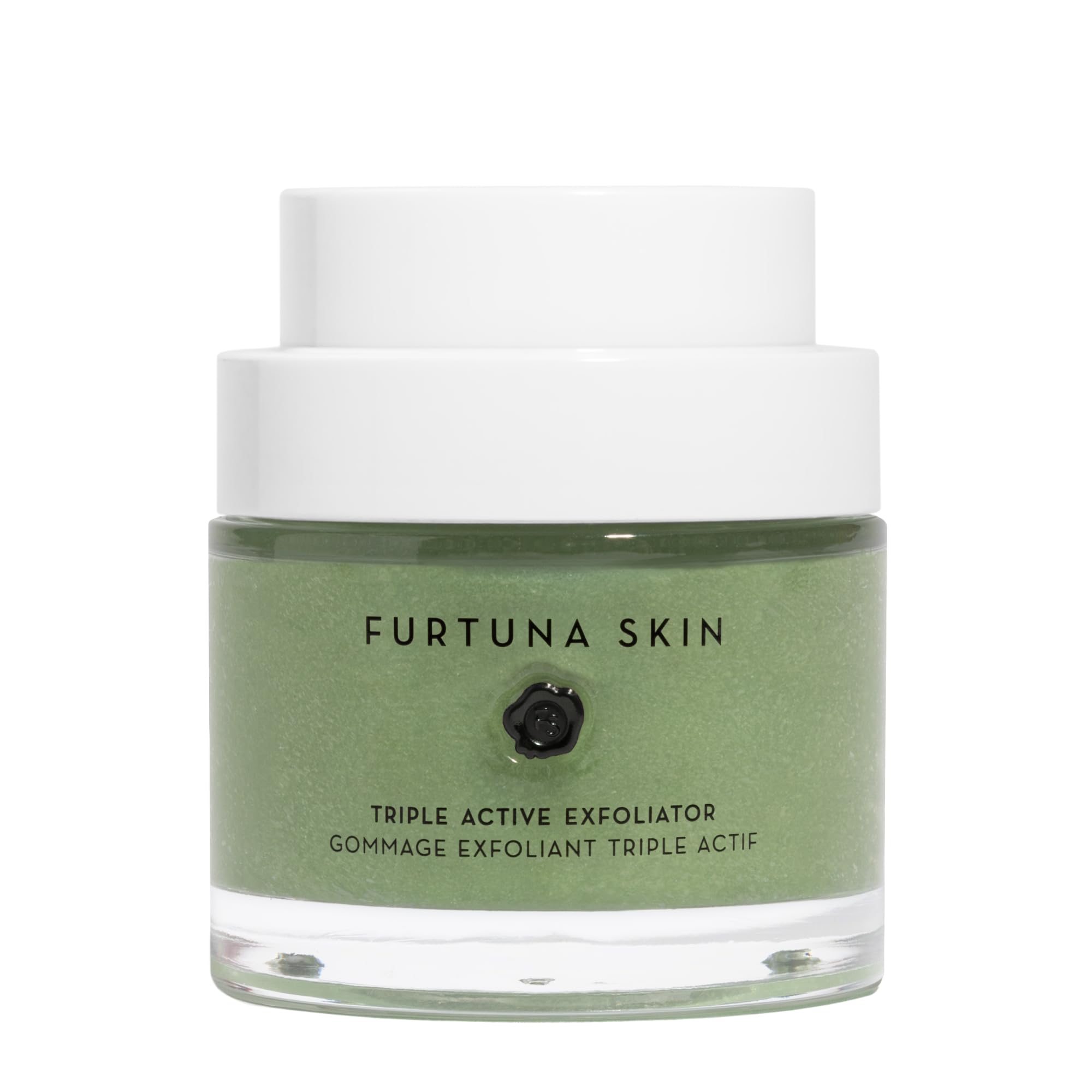 Furtuna Skin Triple Action Exfoliator packaging closeup highlighting vegan formula for eco-conscious skincare.