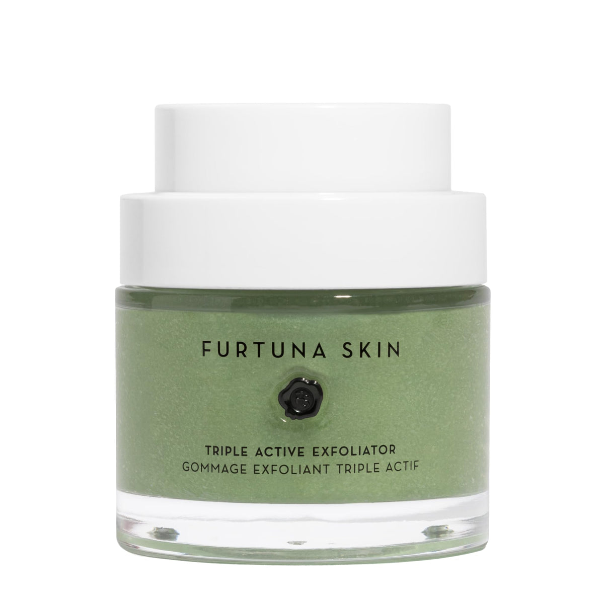 Furtuna Skin Triple Action Exfoliator packaging closeup highlighting vegan formula for eco-conscious skincare.