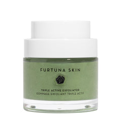 Furtuna Skin Triple Action Exfoliator packaging closeup highlighting vegan formula for eco-conscious skincare.