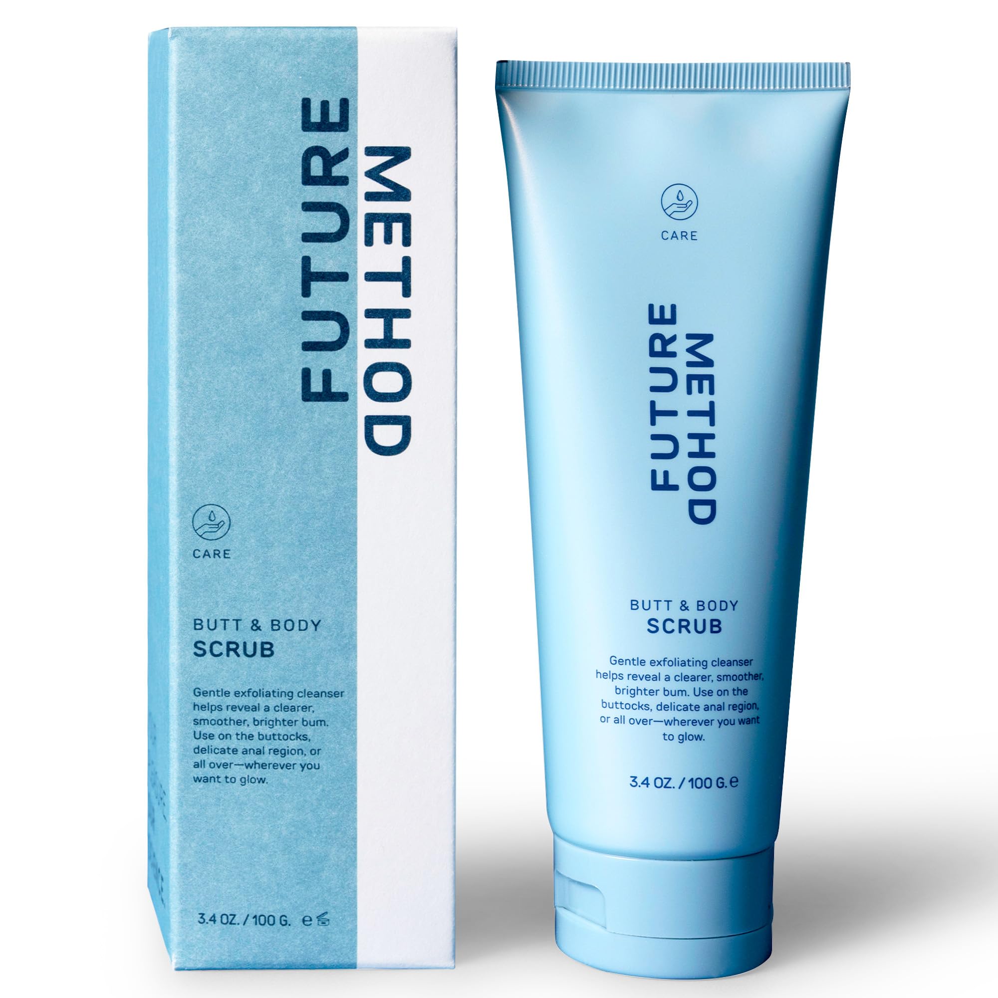 Future Method body scrub tube demonstrates portable cleansing and exfoliation.
