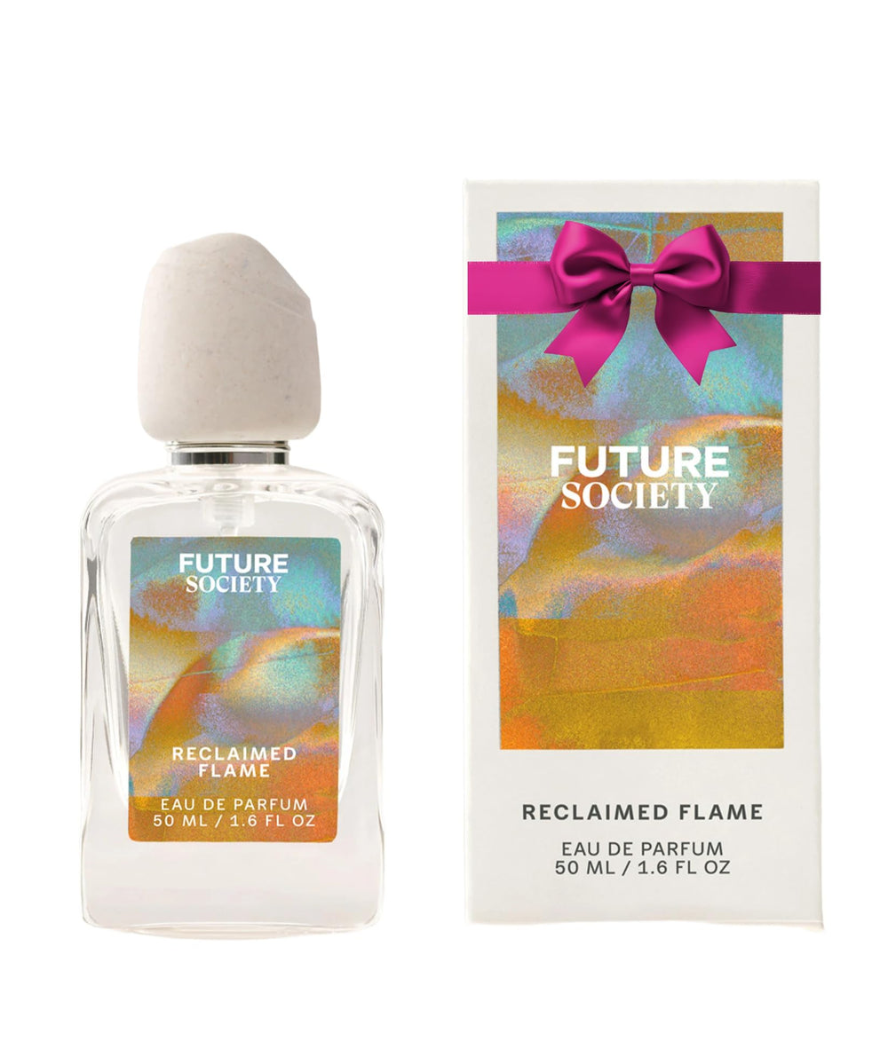 Future Society Reclaimed Flame bottle closeup highlighting citrus-forward notes for day-to-night use