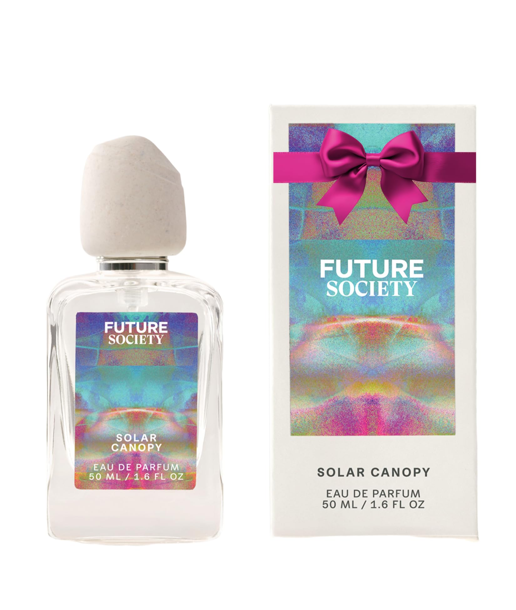 Future Society Solar Canopy bottle front view with tropical hues, ideal for daily wear.