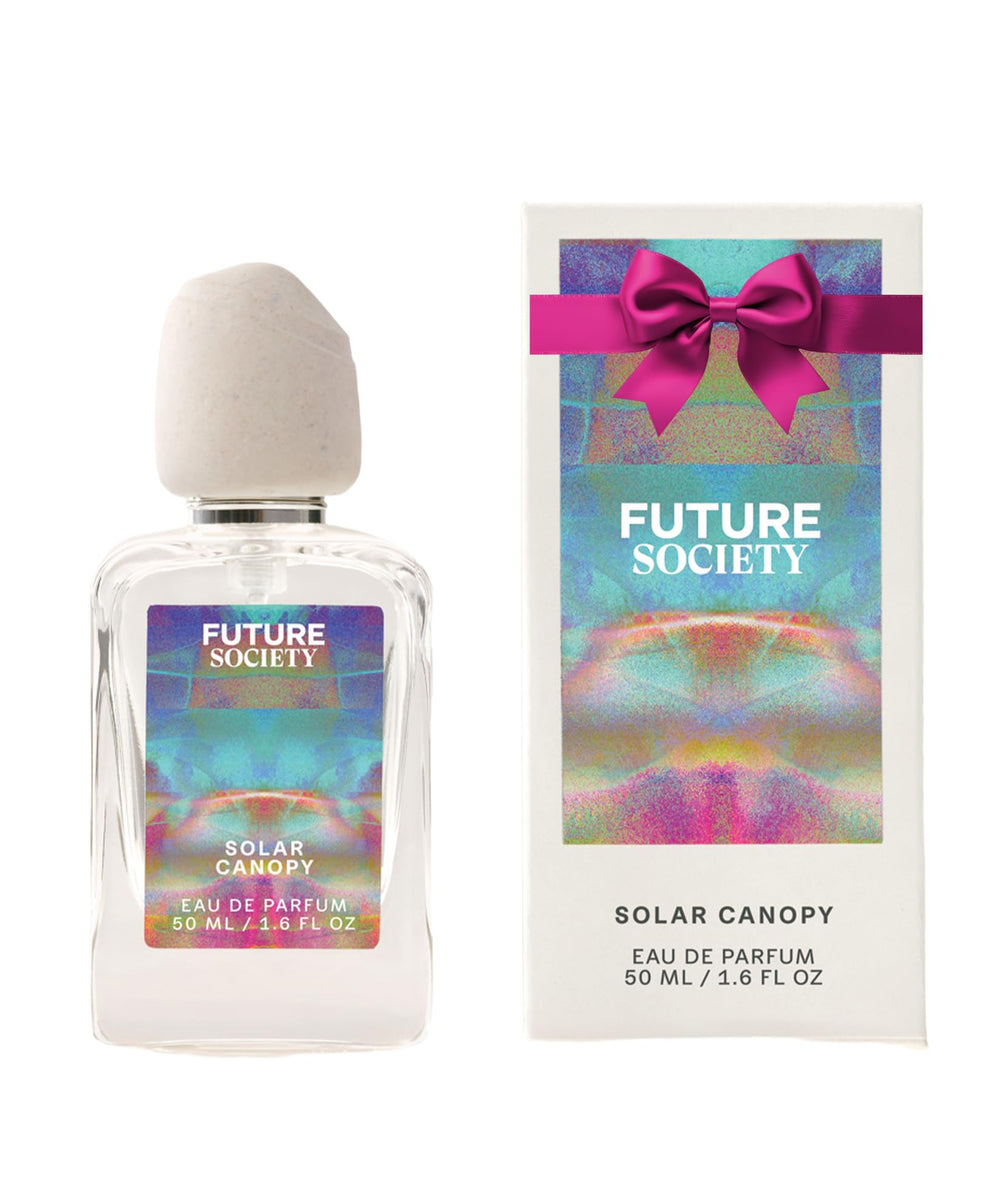 Future Society Solar Canopy bottle front view with tropical hues, ideal for daily wear.