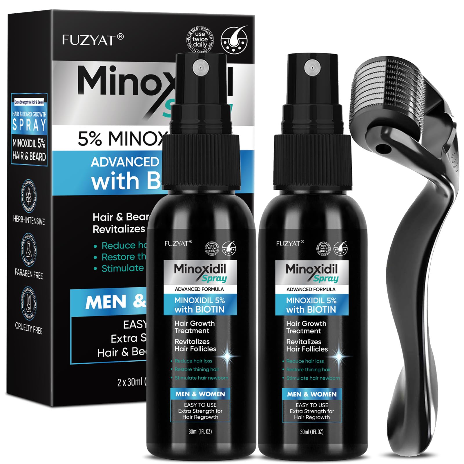 FUZYAT 5% Minoxidil spray bottle close-up for easy daily application.