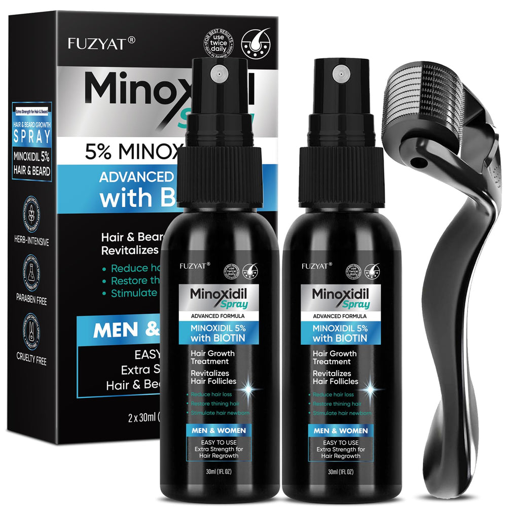 FUZYAT 5% Minoxidil spray bottle close-up for easy daily application.