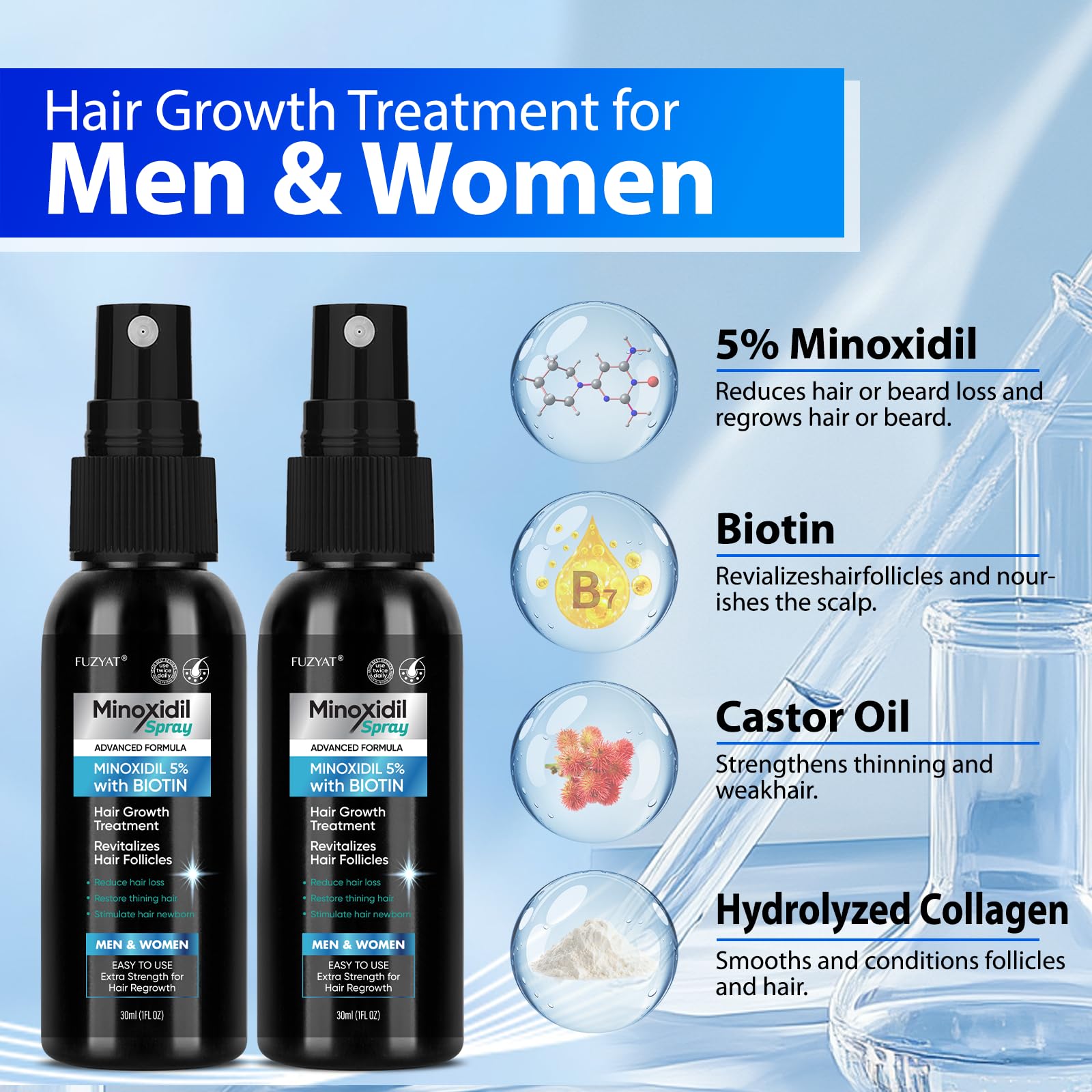 FUZYAT Minoxidil spray on scalp demonstrating targeted use for thinning areas.