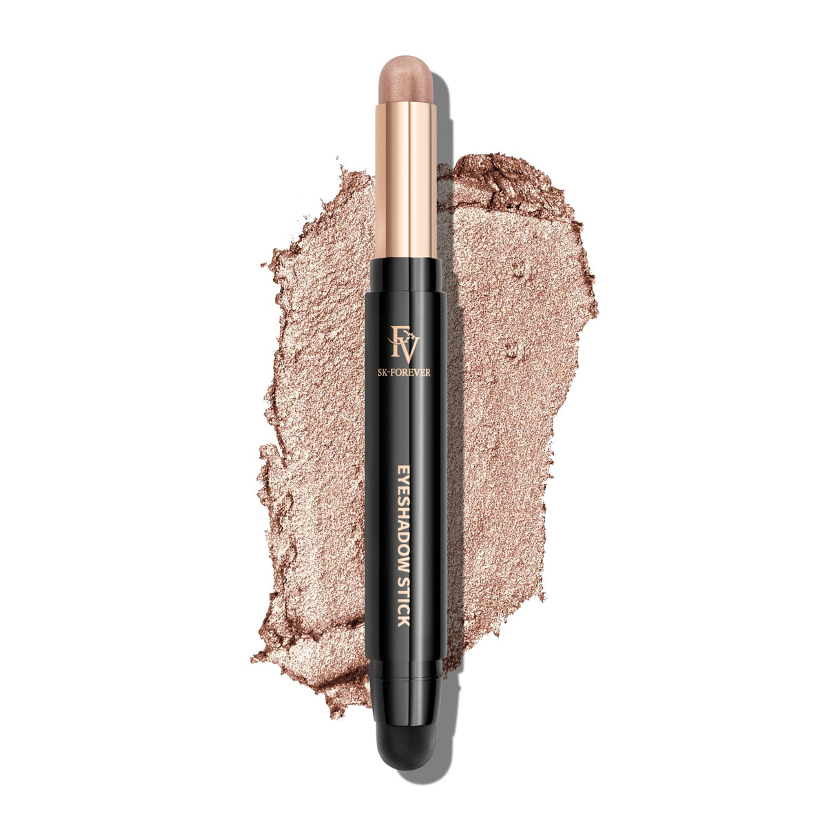 FV Cream Shimmer Eyeshadow Stick cap-off swatch reveals champagne glow and silky payoff.