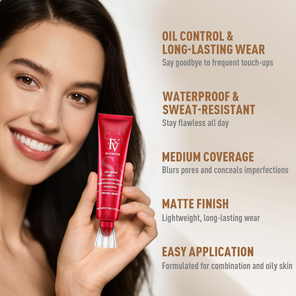 FV Foundation natural beige swatch on forearm highlights oil-control matte result.