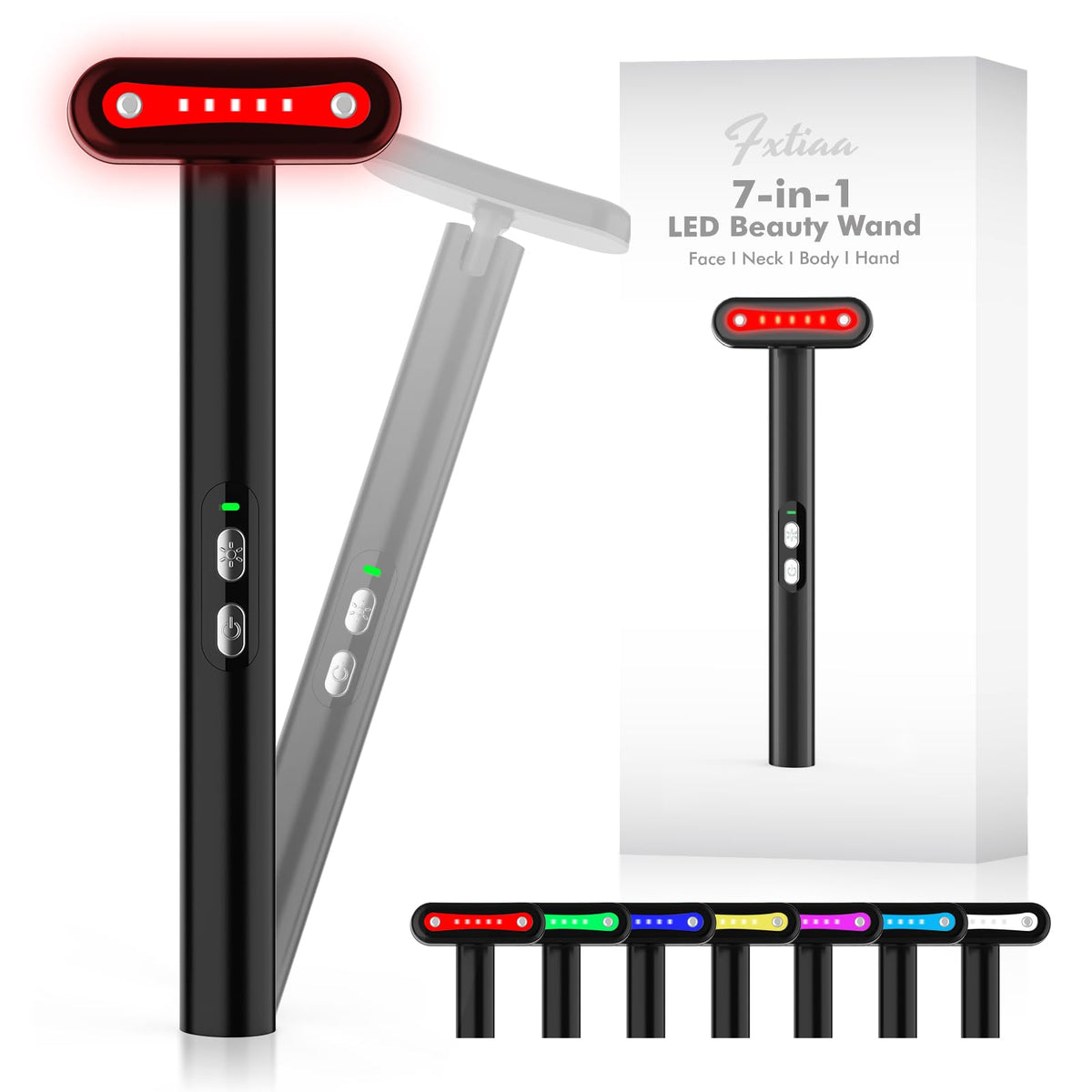 Fxtiaa LED wand with red light on face for smoothing and firming.