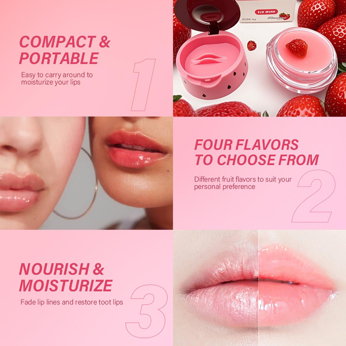 FYEBOO strawberry lip mask pot locks in moisture for a soft, glossy finish