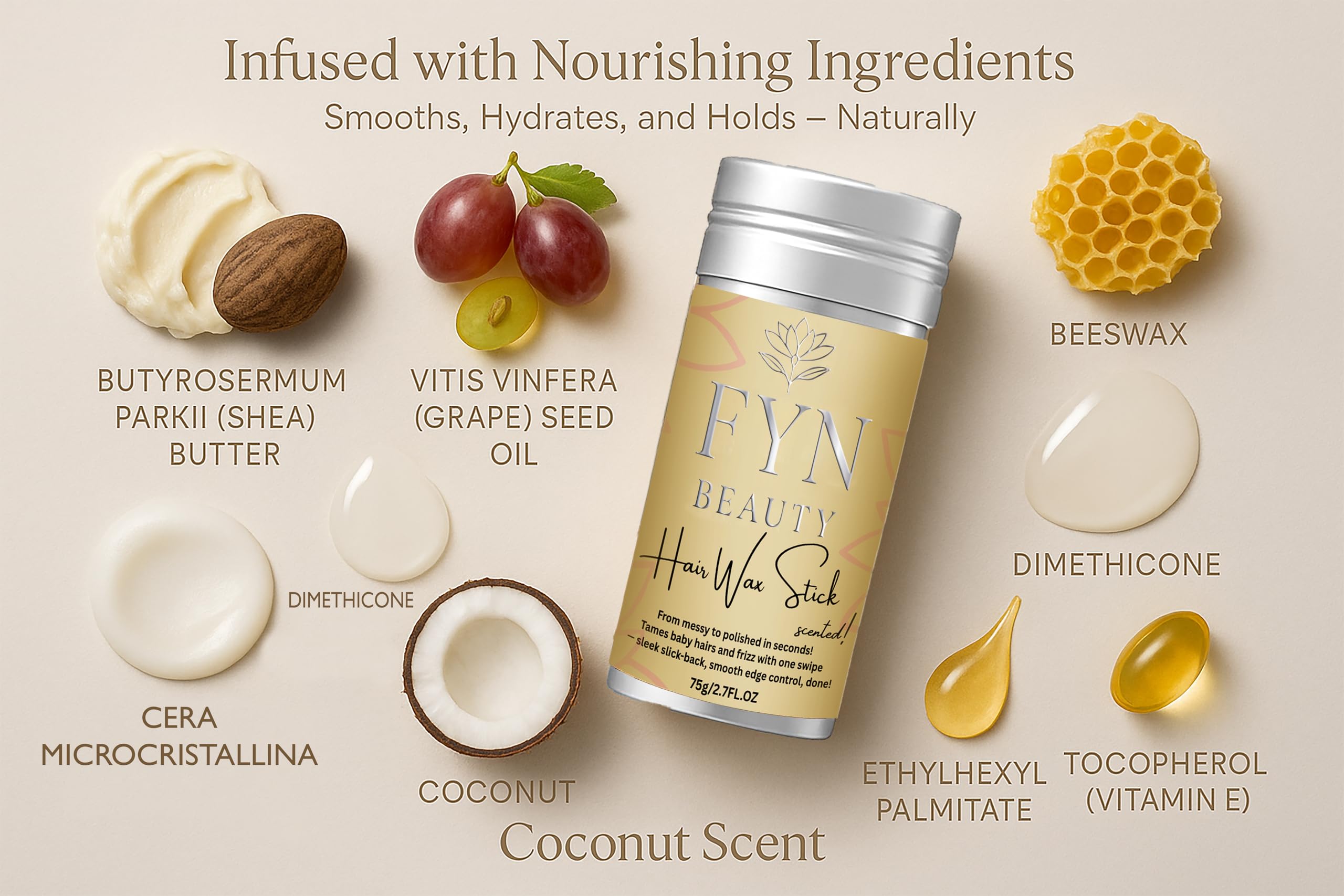 FYN Beauty Wax Stick supports buns, ponytails, and braids for versatile styling.