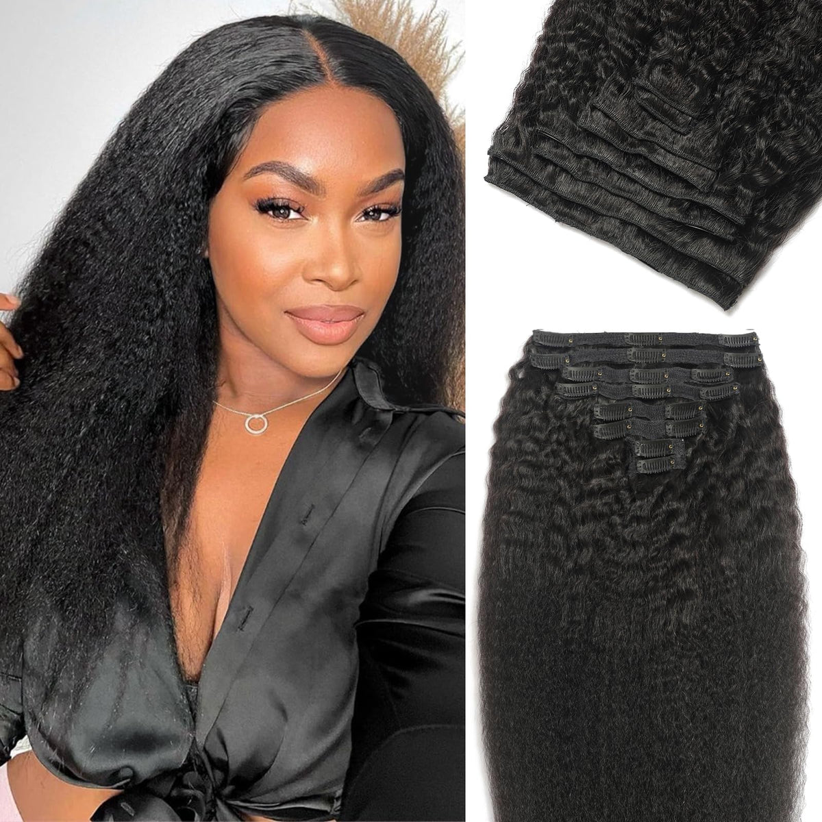 FZV kinky straight clip-in extensions in 16-inch natural bundle for added length.