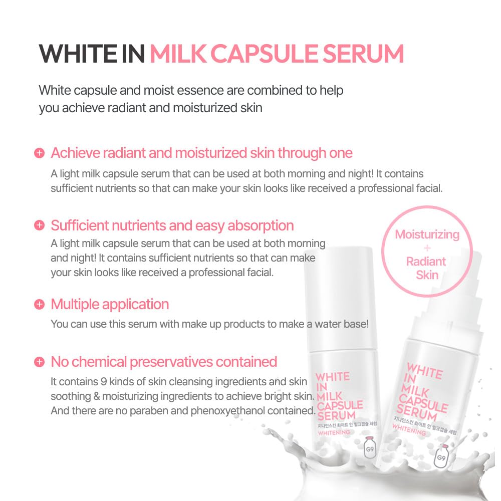 G9SKIN White In Milk Capsule Serum packaging 50ml emphasizing daily use.