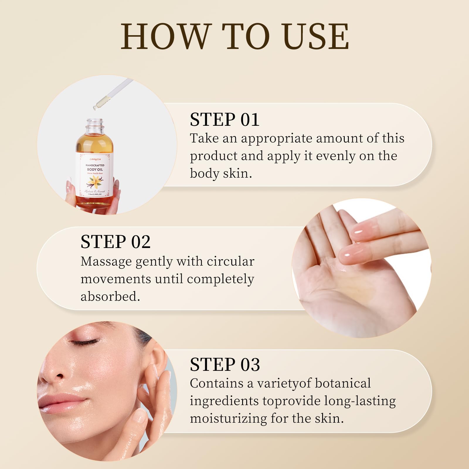 Gaayou Vanilla Bean Oil applied to hands and nails for smooth hydration.