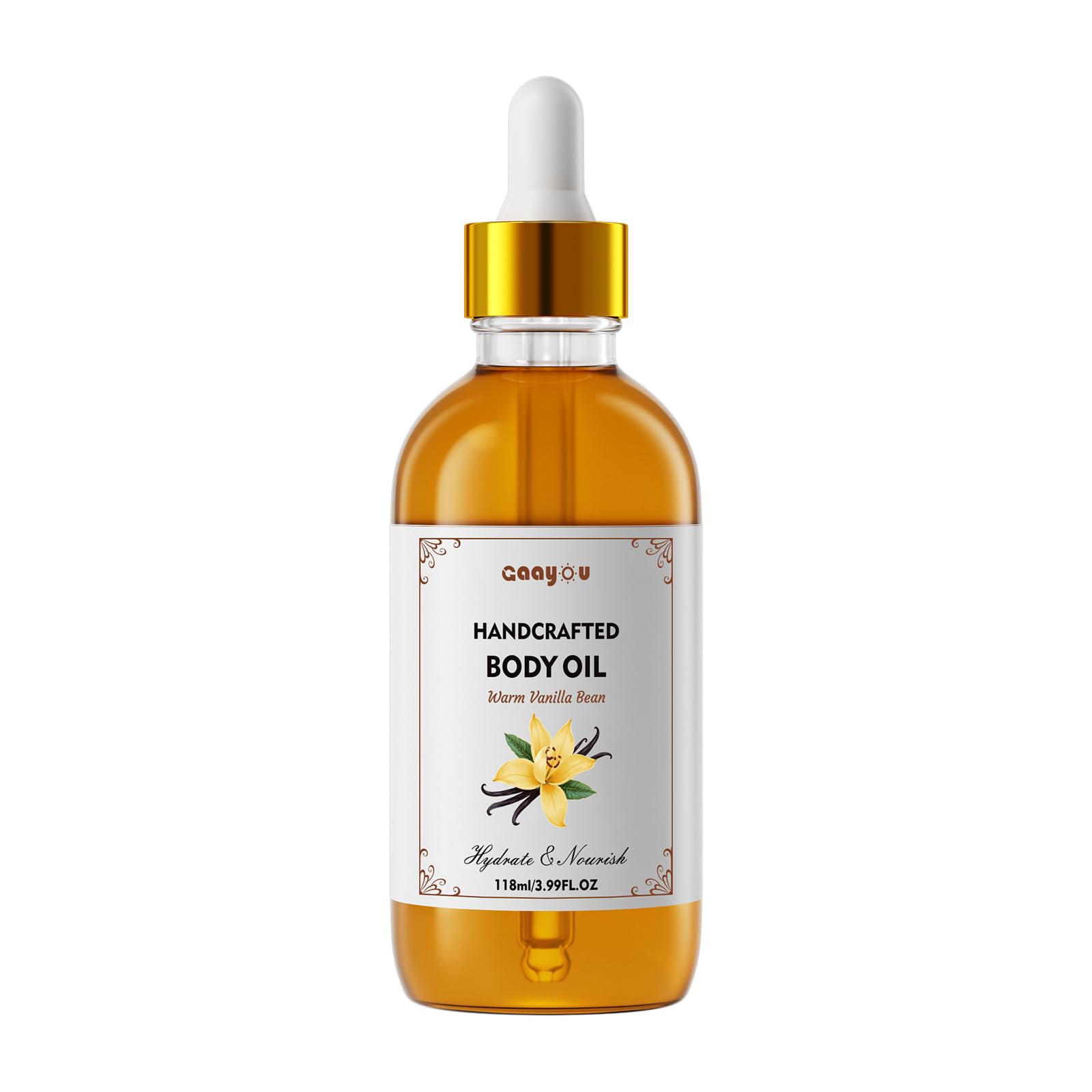 Gaayou Warm Vanilla Bean Body Oil bottle showcases natural ingredients for daily nourishment.