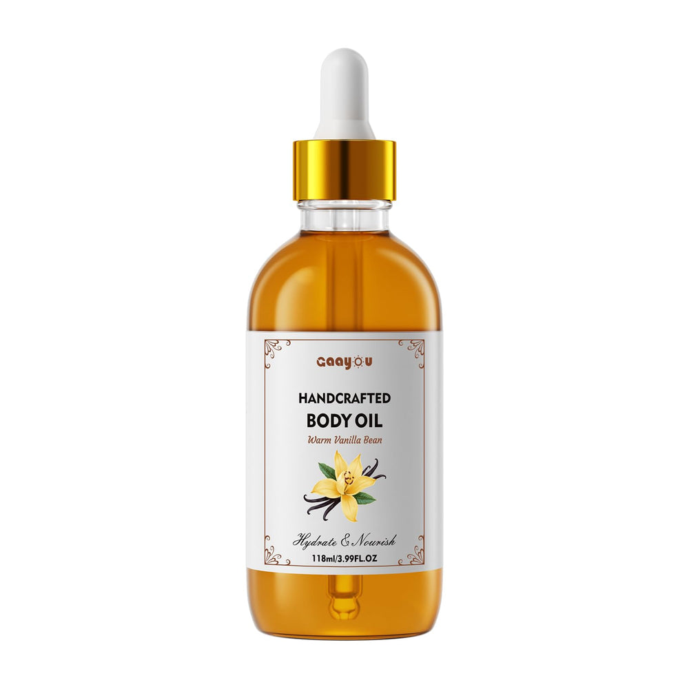 Gaayou Warm Vanilla Bean Body Oil bottle showcases natural ingredients for daily nourishment.
