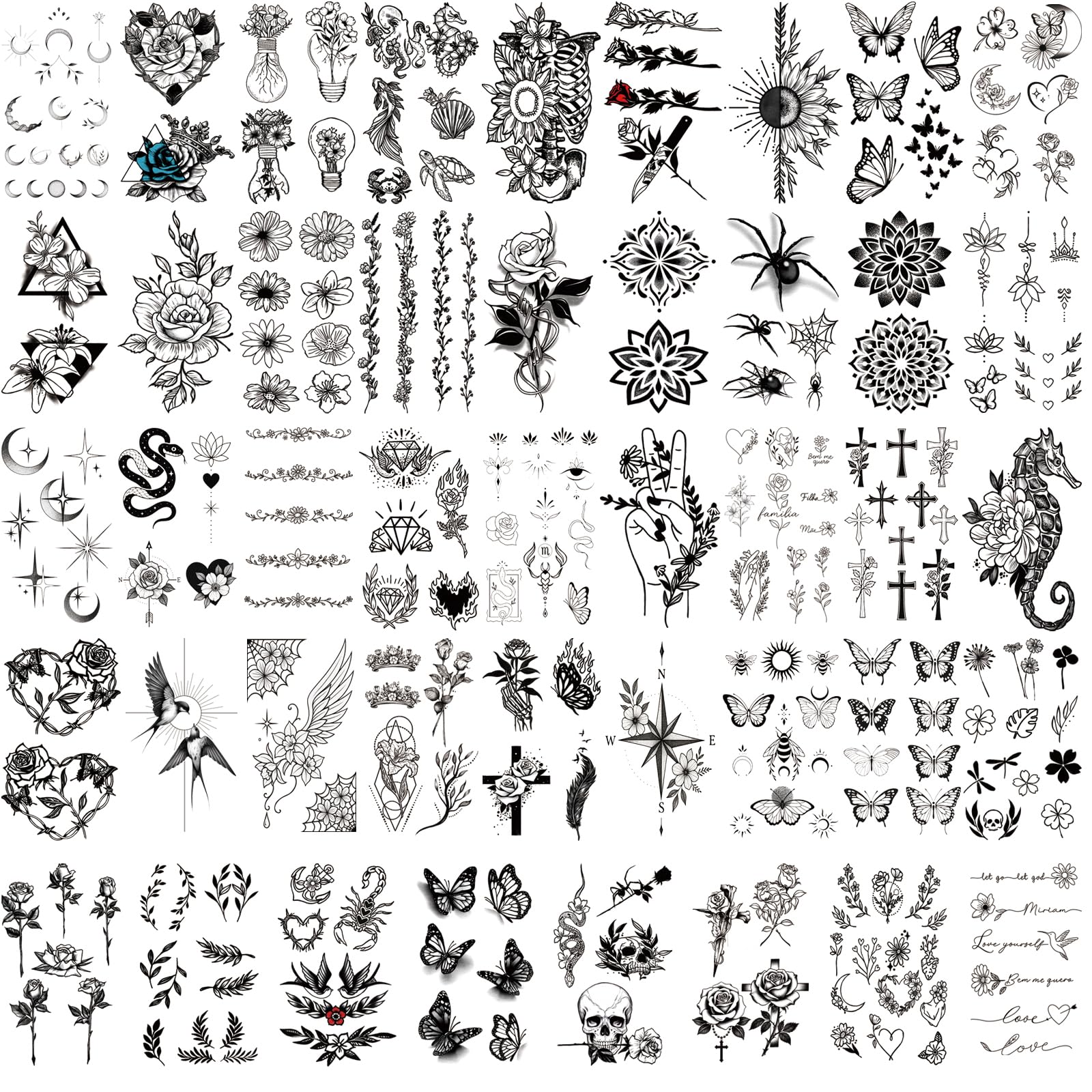 Gabizafia 92pcs black flower tattoos, small designs for subtle accents and easy wear.