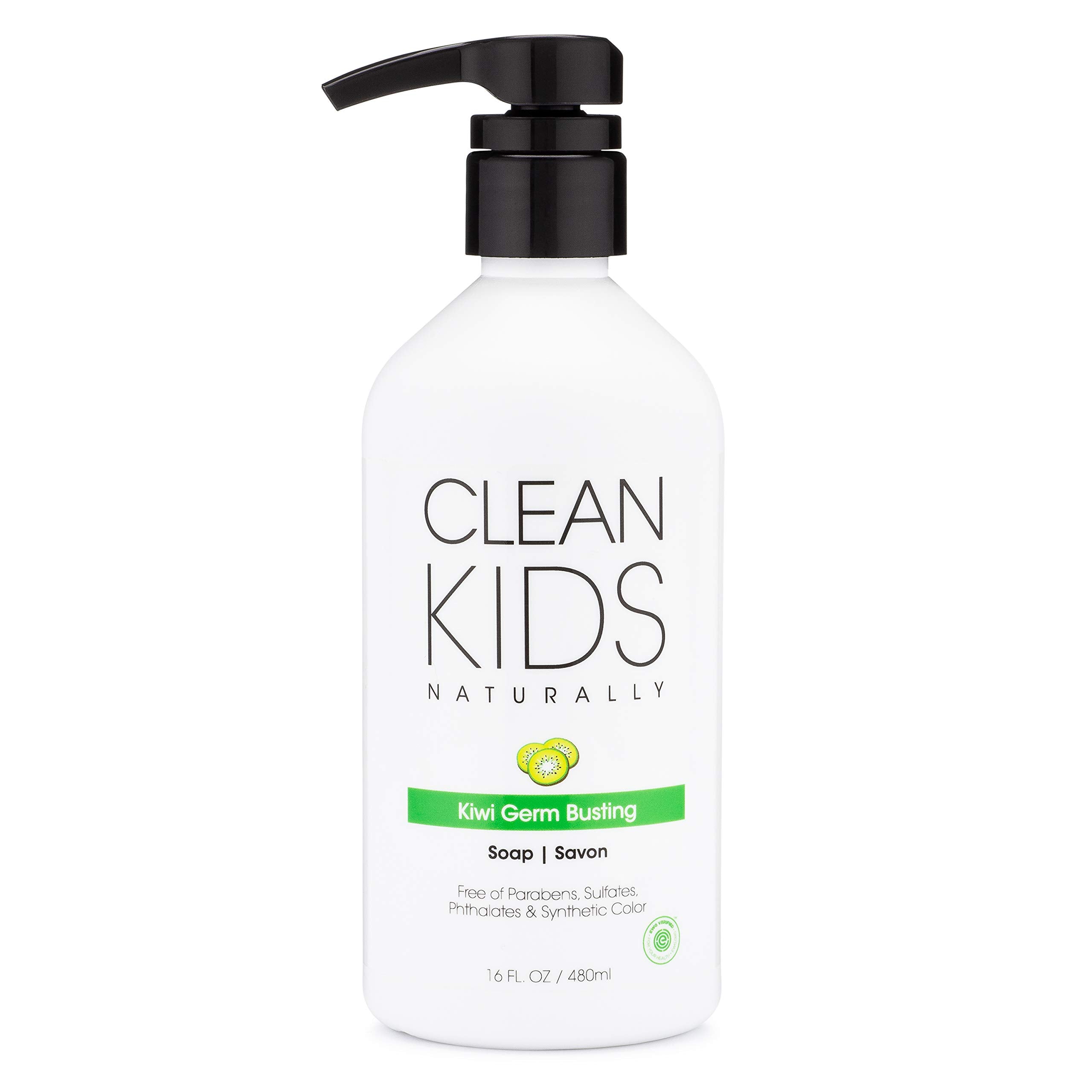 Gabriel Cosmetics Clean Kids Naturally Kiwi Soap 16oz bottle front shows kid-friendly design and gentle cleansing