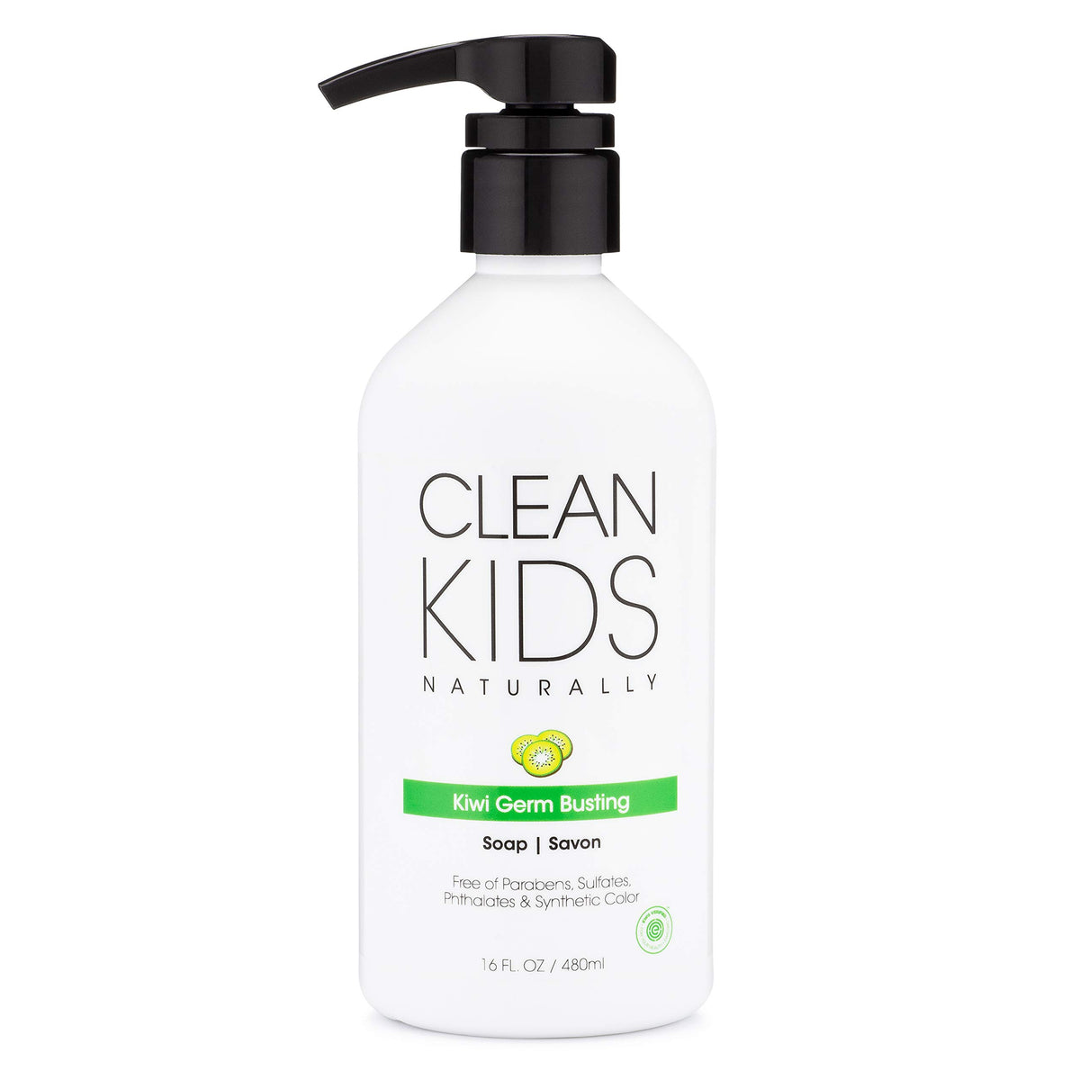 Gabriel Cosmetics Clean Kids Naturally Kiwi Soap 16oz bottle front shows kid-friendly design and gentle cleansing