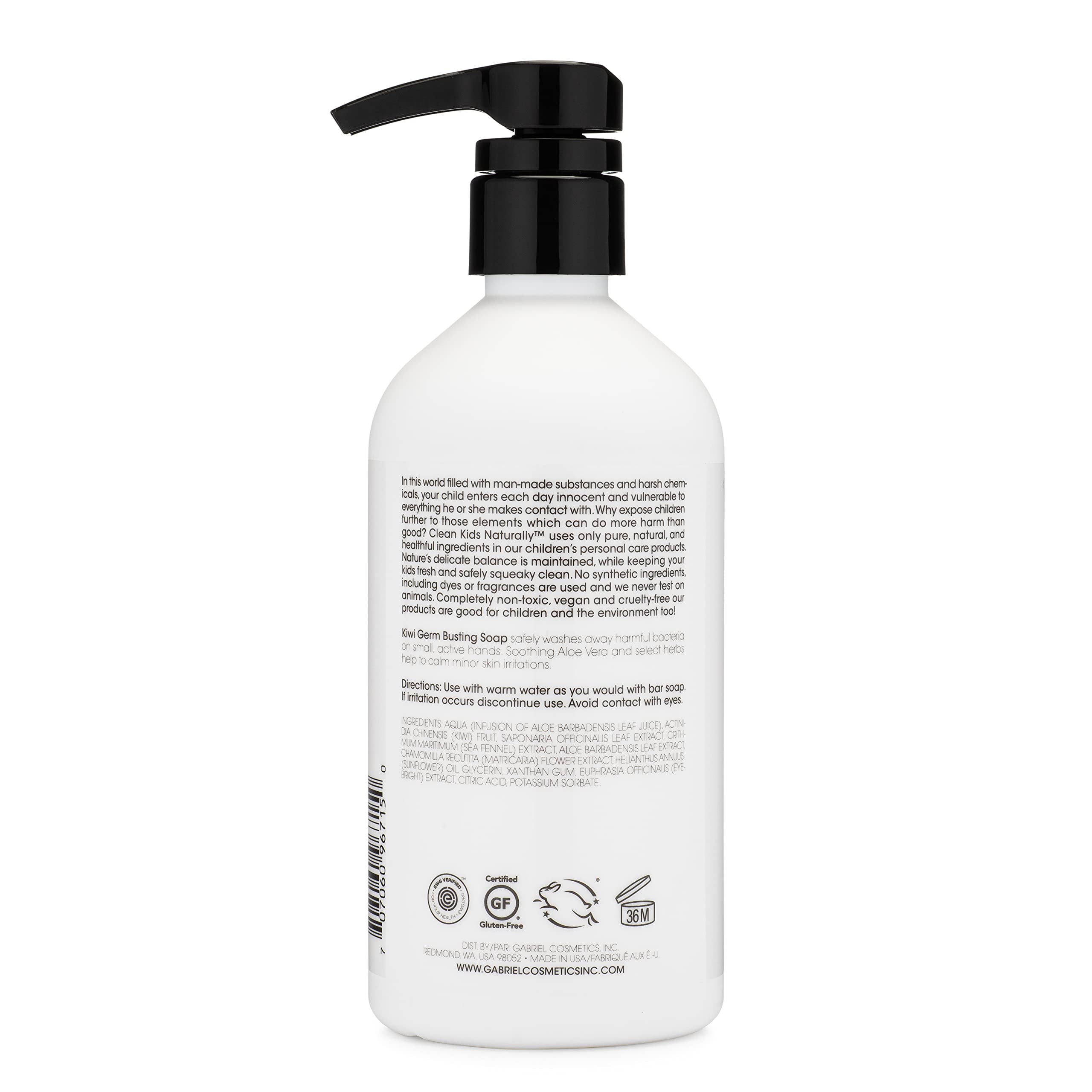 Gabriel Cosmetics Clean Kids Naturally Kiwi Soap 16oz bottle pour demonstrates easy, kid-friendly bath time dispensing