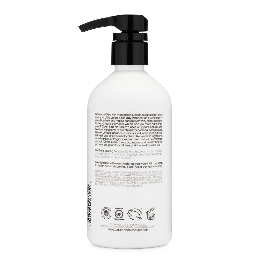 Gabriel Cosmetics Clean Kids Naturally Kiwi Soap 16oz bottle pour demonstrates easy, kid-friendly bath time dispensing