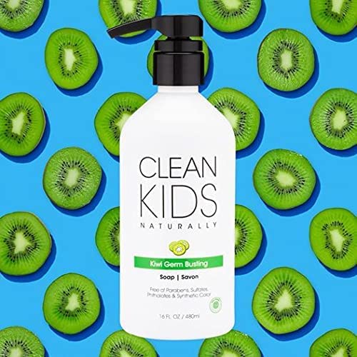 Gabriel Cosmetics Clean Kids Naturally Kiwi Soap 16oz in a kid-friendly bath scene promotes playful, gentle cleansing